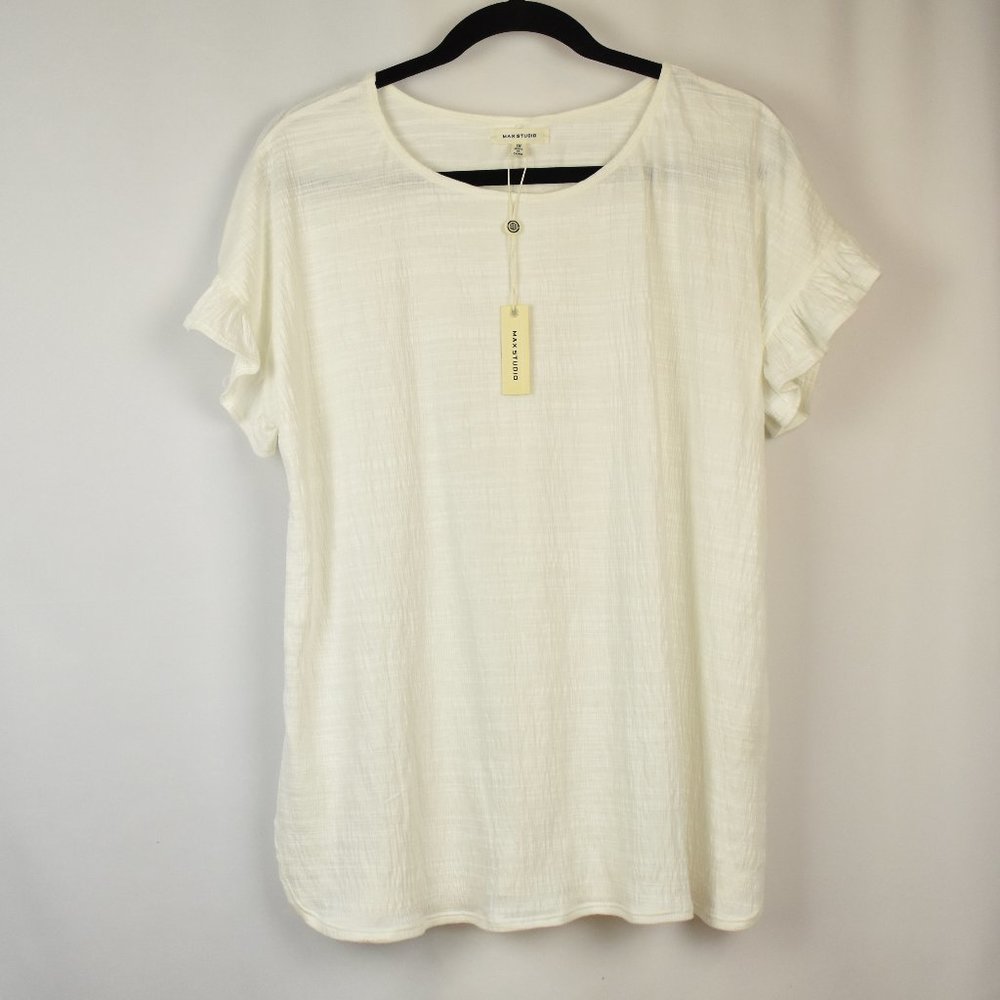 Max Studio NWT Women's White Textured Ruffle Flutter Short Sleeve Shirt Size 1X